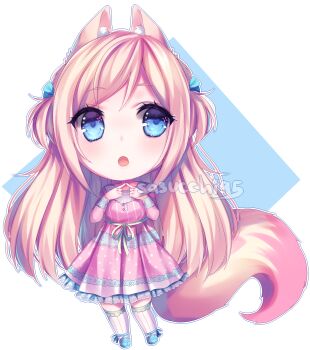 Rule 34 | 1girl, :o, animal ear fluff, animal ears, artist name, blonde hair, blue background, blue bow, blue eyes, blue shoes, blush, border, bow, breasts, commentary, commission, dress, english commentary, facing viewer, frilled dress, frills, full body, green ribbon, hair bow, hands up, highres, index fingers together, long hair, long sleeves, looking to the side, medium dress, open mouth, original, outline, outside border, pink dress, pink tail, pinstripe thighhighs, polka dot, polka dot dress, ribbon, sasucchi95, shoes, sidelocks, simple background, small breasts, solo, sparkle, sparkling eyes, standing, straight-on, tail, tareme, thighhighs, tongue, transparent border, two-tone tail, two side up, very long hair, white outline, white thighhighs, wolf ears, wolf girl, wolf tail, yellow tail, zettai ryouiki