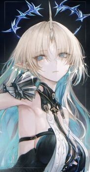 1girl absurdres black_collar black_dress blonde_hair blue_eyes blue_hair breast_curtains breasts collar colored_inner_hair commentary crown_of_thorns dress earrings fleurdelys_(wuthering_waves) floating_earrings highres horns jewelry large_breasts long_hair looking_afar multicolored_hair necklace parted_bangs parted_lips pointy_ears renoahh single_horn solo upper_body very_long_hair wuthering_waves yellow_horns