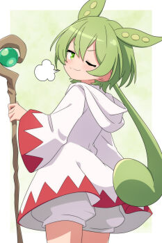Rule 34 | 1girl, ;3, blush, commentary request, cosplay, dress, final fantasy, from behind, green eyes, green hair, highres, holding, holding staff, hooded dress, lechii, one eye closed, pea pod, ponytail, puff of air, puffy shorts, shorts, shorts under dress, solo, staff, white dress, white mage (final fantasy), white mage (final fantasy) (cosplay), zundamon