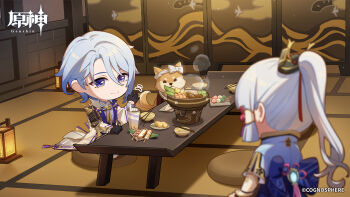 1boy 1girl armor ayaka_(genshin_impact) black_gloves blue_bow blue_hair blurry blurry_foreground bow bowl brother_and_sister bubble_tea chibi chopsticks closed_mouth commentary_request copyright_name cup cushion dango depth_of_field dog drink drinking_straw facing_away folding_screen food genshin_impact gloves gold_trim hair_between_eyes hair_ornament hair_ribbon hand_up high_ponytail highres hotpot indoors jacket japanese_armor japanese_clothes kamisato_ayato kimono lantern lapels light_particles long_hair long_sleeves looking_at_another mole mole_under_mouth mushroom official_art omelet open_clothes open_jacket parted_bangs pink_ribbon plate ponytail purple_eyes red_ribbon ribbon rope sanshoku_dango shadow shiba_inu shiitake short_hair shoulder_armor shrimp siblings sitting skewer smile sode split_mouth standing steam swept_bangs table tamagoyaki taroumaru_(genshin_impact) tassel tatami tri-flavored_skewer_(genshin_impact) vambraces vision_(genshin_impact) wagashi watermark waving white_bow white_jacket wide_sleeves zabuton