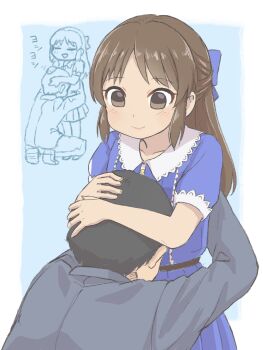 1boy 1girl age_difference black_hair black_jacket blue_background blue_bow blue_dress blush bow brown_eyes brown_hair business_suit caressing closed_eyes collarbone commentary_request dress formal_clothes hair_bow hands_on_another&#039;s_head height_difference highres hug idolmaster idolmaster_cinderella_girls idolmaster_cinderella_girls_u149 jacket lace-trimmed_sleeves lace_trim long_hair long_sleeves looking_at_another pants producer_(idolmaster) short_hair short_sleeves sidelocks smile squatting suit tachibana_arisu triangle_mouth upper_body yuzu-p