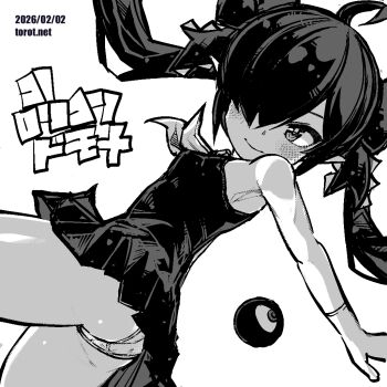 1girl ahoge armpits ass backbeako_(torotei) backbeard bare_shoulders blush breasts closed_mouth commentary cowboy_shot dated dated_commentary dress dutch_angle dynamic_pose gegege_no_kitarou gloves greyscale hair_over_one_eye hair_ribbon kono_lolicon_domome long_hair looking_at_viewer monochrome neckerchief original paid_reward_available panties pantyshot petite pointy_ears ribbon simple_background sleeveless sleeveless_dress small_breasts smile solo torotei translated twintails underwear watermark web_address white_background