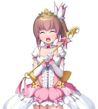 1girl bow breasts brown_hair closed_eyes cowboy_shot dress elbow_gloves facing_viewer frills game_cg garter_straps glove_bow gloves hair_ornament highres holding holding_wand jewelry large_variant_set lunatic_angel magical_girl nanao_(mahaya) non-web_source ochite_iku_seisenshi_lunatic_angels official_art open_mouth pink_bow pink_dress pink_hair puffy_short_sleeves puffy_sleeves ribbon shindou_makina short_sleeves side_ponytail simple_background skirt solo standing thighhighs tiara transparent_background variant_set wand white_gloves white_thighhighs