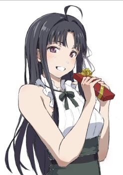 Rule 34 | 1girl, ahoge, awa subaru, black hair, box, brown eyes, commentary request, frilled shirt, frills, girls band cry, grey skirt, grin, hair ribbon, highres, long hair, puge, ribbon, shirt, simple background, skirt, sleeveless, sleeveless shirt, smile, solo, white background, white shirt