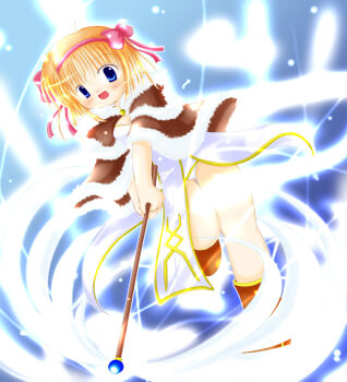 1girl 2000s_(style) :d blonde_hair blue_background blue_eyes blush bow brown_cape cape commentary_request dress full_body fur-trimmed_cape fur_trim hair_bow high_wizard_(ragnarok_online) highres holding holding_staff koba-p looking_at_viewer open_mouth panties pink_bow ragnarok_online short_hair smile solo staff underwear white_dress white_panties