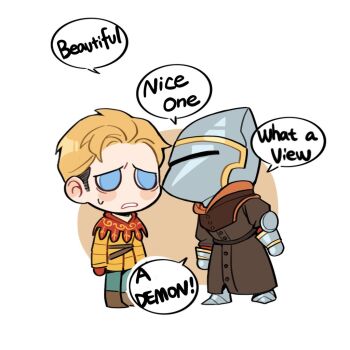 Rule 34 | 2boys, armor, belt, blonde hair, blue eyes, blush, boots, brown background, brown belt, brown boots, brown coat, capelet, chibi, coat, commentary, english commentary, english text, full armor, full body, gauntlets, gloves, green pants, hans capon, helmet, henry of skalitz, jacket, kingdom come: deliverance ii, looking at another, multiple boys, no pupils, pants, parted lips, red capelet, red gloves, sabaton, scared, short hair, simple background, speech bubble, standing, sweatdrop, teeth, tworain w, white background, yellow jacket