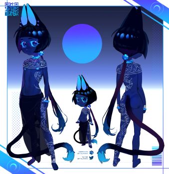 1girl animal_ears artist_name ass back_tattoo black_hair blue_eyes blue_sclera blunt_bangs cat_ears cat_girl cat_tail colored_eyelashes colored_sclera commentary completely_nude dark-skinned_female dark_skin english_commentary flat_chest highres leg_tattoo long_hair looking_at_viewer nude original pita-potato ponytail qr_code short_hair smile standing tail tattoo topless_female white_background