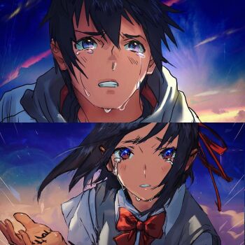 Rule 34 | 1boy, 1girl, black hair, brown eyes, centimetre, clenched teeth, crying, grey sweater vest, hair ribbon, jacket, kimi no na wa., miyamizu mitsuha, purple eyes, ribbon, streaming tears, sweater vest, tachibana taki, tears, teeth, white jacket, writing on hand