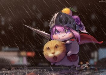 1girl :3 alicks_(pixiv_19241330) cat closed_mouth commentary doro_(nikke) english_commentary food fruit goddess_of_victory:_nikke highres orange_(fruit) pink_hair purple_eyes rain signature tagme