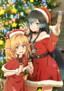 2girls anime_coloring antlers black_hair blonde_hair breasts capelet carmilla_(yami_healer) christmas christmas_ornaments christmas_tree closed_mouth cowboy_shot cup dress elf fake_antlers fur-trimmed_capelet fur-trimmed_dress fur-trimmed_headwear fur_trim hat holding holding_cup horns isshun_de_chiryou_shiteita_noni_yakutatazu_to_tsuihou_sareta_tensai_chiyushi_yami_healer_toshite_tanoshiku_ikiru lily_(yami_healer) long_hair long_pointy_ears long_sidelocks long_sleeves looking_at_viewer makaria merry_christmas multiple_girls official_art open_mouth pointy_ears red_capelet reindeer_antlers santa_costume santa_dress santa_hat sidelocks smile standing teeth tsurime v yellow_eyes