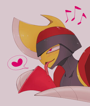 1other arm_blade bisharp blush facing_to_the_side gen_5_pokemon grey_background grey_helmet grey_trim half-closed_eyes heart helmet highres licking licking_object looking_up musical_note nintendo pokemon pokemon_(creature) pokemon_focus red_eyes red_helmet shoulder_pads spoken_heart tongue tongue_out two-tone_helmet umi-be-to upper_body weapon