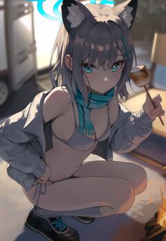 Rule 34 | 1girl, absurdres, alternate costume, animal ear fluff, animal ears, bikini, black shoes, blue archive, blue halo, breasts, coat, commentary, cross, cross hair ornament, extra ears, food, grey hair, hair intakes, hair ornament, hair over one eye, halo, highres, holding, holding stick, inverted cross, kneehighs, long sleeves, looking at viewer, marshmallow, medium breasts, mismatched pupils, open clothes, open coat, puffy long sleeves, puffy sleeves, revision, roasted marshmallow, shiroko (blue archive), shoes, short hair, socks, solo, squatting, stick, suumon, swimsuit, thighs, white bikini, white coat, white socks, wolf ears, wolf girl
