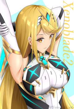 1girl absurdres arms_up bare_shoulders blonde_hair breasts chest_jewel copyright_name dress earrings elbow_gloves floating_earrings gloves hand_on_own_arm highres jewelry large_breasts long_hair microdress mythra_(massive_melee)_(xenoblade) mythra_(xenoblade) neon_trim solo swept_bangs tiara upper_body very_long_hair white_dress white_gloves xenoblade_chronicles_(series) xenoblade_chronicles_2 yellow_eyes yureshiki_ssb