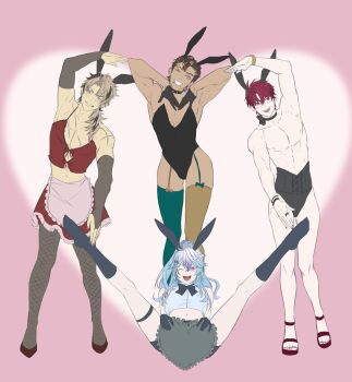Rule 34 | 4boys, abs, absurdres, alternate costume, animal ear hairband, animal ears, apron, arm up, armpits, arms up, asymmetrical legwear, bare pectorals, bare shoulders, black bow, black choker, black corset, black gloves, black leotard, black nails, blue bow, blue hair, blush, bow, bowtie, bracelet, braid, bridal gauntlets, brown bridal gauntlets, brown hair, choker, clothing request, collar, commentary, corset, crimzon ruze, cropped shirt, crossdressing, crossdressing (mtf), detached collar, dinosaur boy, earrings, embarrassed, english commentary, fake animal ears, feet, fishnet pantyhose, fishnets, frilled apron, frilled skirt, frills, full body, garter straps, gloves, goldbullet, grey background, grin, hair between eyes, hair bun, hair ornament, hairband, hairpin, heart, heart apron, heart arms, heart arms quartet, heart background, highres, holoarmis, holostars, holostars english, jewelry, jurard t rexford, kopi art1, legs, leotard, long hair, male focus, male playboy bunny, medium hair, mismatched legwear, mismatched thighhighs, multicolored hair, multiple boys, multiple braids, multiple hairpins, muscular, muscular male, nail polish, navel, octavio, one eye closed, open mouth, pantyhose, pectoral cleavage, pectorals, piercing, pink eyes, playboy bunny, pointy ears, ponytail, pose request, purple bow, purple eyes, purple socks, purple thighhighs, rabbit ear hairband, rabbit ears, red eyes, red hair, red shoes, red skirt, ring, scar, scar on arm, scar on chest, sharp teeth, shirt, shoes, short hair, simple background, sitting, skirt, smile, snakebite (piercing), socks, spiked collar, spikes, spread legs, standing, stomach, strapless, strapless leotard, sweatdrop, tan, teeth, thigh strap, thighhighs, thighs, toes, topless male, trap, tri braids, two-tone hair, virtual youtuber, watch, wrist cuffs, wristwatch, yellow bow, yellow eyes, yellow thighhighs, zettai ryouiki