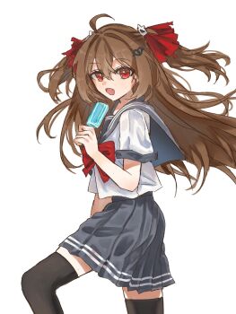 1girl ahoge black_thighhighs blue_sailor_collar blue_skirt bow bowtie broken_heart broken_heart_hair_ornament brown_hair commentary cowboy_shot eananaia english_commentary evil_neuro-sama food from_side hair_between_eyes hair_ornament hair_ribbon heart highres holding holding_food holding_popsicle long_hair looking_at_viewer neuro-sama pleated_skirt popsicle red_bow red_bowtie red_ribbon ribbon sailor_collar school_uniform serafuku short_sleeves simple_background skirt skull_hair_ornament solo thighhighs two_side_up vedal_ai virtual_youtuber white_background white_serafuku