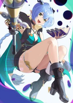 1girl accessories animal_ears black_boots black_horns black_unitard blue_hair blurry blurry_foreground book boots braid breasts choker cleavage collarbone commentary_request crossed_bangs full_body goat_ears goat_girl goat_horns green_eyes hair_between_eyes highres holding holding_book holding_staff horizontal_pupils horns key key_choker long_hair looking_at_viewer lucia_elowen medallion medium_breasts open_mouth pointy_ears single_bare_shoulder single_sleeve single_sock socks solo sparkle staff twin_braids uixy white_background white_socks zenless_zone_zero