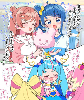 Rule 34 | 4girls, :o, ahoge, blonde hair, blue cape, blue dress, blue eyes, blue hair, blue shirt, bow, bowtie, brooch, cape, casual, closed eyes, collared dress, commentary, cotton candy, cup, cure idol, cure sky, cure wonderful, cut bangs, detached sleeves, disposable cup, double bun, dress, dress bow, earrings, facing another, feeding, finger to mouth, fingerless gloves, food, gloves, hair bow, hair bun, hair ornament, hair ribbon, hand on own face, heart, heart ahoge, highres, hirogaru sky! precure, holding, holding cup, holding food, izumi kirifu, jewelry, long hair, long sleeves, magical girl, multicolored hair, multiple girls, nijigaoka mashiro, open mouth, pink bow, pink dress, pink hair, precure, puffy detached sleeves, puffy sleeves, purple bow, purple bowtie, red cape, ribbon, saliva, scrunchie, shirt, side-by-side, side ponytail, single hair bun, single sidelock, sleeveless, sleeveless dress, smile, sora harewataru, speech bubble, standing, streaked hair, trait connection, translated, twintails, two-sided cape, two-sided fabric, two-tone dress, two-tone hair, two-tone shirt, two side up, very long hair, watch, white bow, white bowtie, white dress, white gloves, white ribbon, white shirt, wing brooch, wing hair ornament, wrist scrunchie, wristwatch, yellow bow