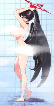 1girl adjusting_hair arms_up bath black_choker black_hair black_wings blue_archive breasts choker completely_nude convenient_censoring feathered_wings from_side hair_between_eyes halo hasumi_(blue_archive) highres huge_breasts long_hair long_hair_between_eyes looking_at_viewer low_wings mole mole_under_eye nude oversized_wings pankeiki ponytail red_halo showering sideways_glance solo steam steam_censor tile_floor tile_wall tiles wings