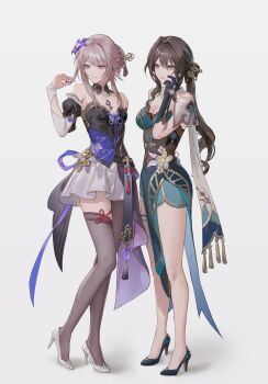2girls absurdres adapted_costume aqua_eyes ateli_er bead_necklace beads black_hair breasts brown_hair chinese_clothes cleavage detached_collar detached_sleeves dress elbow_gloves floral_print flower gloves hair_flower hair_ornament herta_(honkai:_star_rail) high_heels highres honkai:_star_rail honkai_(series) jewelry key large_breasts long_hair multicolored_hair multiple_girls necklace purple_eyes ruan_mei_(honkai:_star_rail) small_breasts streaked_hair tassel the_herta_(honkai:_star_rail) thighhighs
