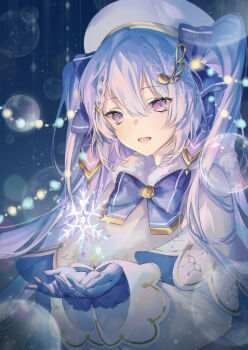 1girl beret blue_bow blue_gloves blue_hair bow bowtie braid breasts bubble capelet commentary cupping_hands english_commentary fortissimo fur_collar gloves glowing hair_between_eyes hair_bow hair_ornament hat hatsune_miku long_hair long_sleeves looking_at_viewer musical_note musical_note_hair_ornament open_mouth ouu_min own_hands_together purple_eyes shirt small_breasts smile snowflake_print snowflakes solo treble_clef twintails upper_body vocaloid white_capelet white_shirt yuki_miku yuki_miku_(2021)