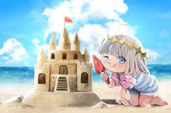1boy ahoge beach bent_over blonde_hair blue_eyes blue_sky blush chibi cloud cloudy_sky commentary_request crown diamond_(shape) diamond_crown fate/grand_order fate_(series) full_body hairband hand_up happy holding holding_shovel inflatable inflatable_armbands looking_at_viewer male_focus oberon_(fate) one-piece_swimsuit one_eye_closed open_mouth outdoors polka_dot sand sand_castle sand_sculpture sausu_hitori short_hair shovel sky smile solo swimsuit tagme water wink yellow_hairband yellow_headwear