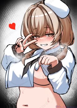1girl absurdres black_background blush bready_(nikke) breasts brown_eyes brown_hair cropped_shirt da_kuronikorasu flashing goddess_of_victory:_nikke gradient_background grin hat heart highres large_breasts long_sleeves looking_at_viewer low_twintails matching_hair/eyes naughty_face navel no_bra plump sketch smile solo steaming_body sweat twintails upper_body v white_background white_hat