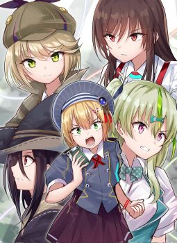 Rule 34 | 5girls, black hair, blonde hair, bow, bowtie, brown hair, clenched teeth, closed mouth, coat, collared shirt, commentary request, green bow, green eyes, green hair, hair between eyes, hair ornament, hairclip, hat, highres, holding, irene redmayne, jacket, long hair, maruyama kanata, multicolored hair, multiple girls, ooshima isuzu, open mouth, parted lips, phone, pleated skirt, puffy short sleeves, puffy sleeves, purple eyes, red eyes, ribbon, rrtp, school uniform, shirt, short hair, short sleeves, skirt, streaked hair, suspender skirt, suspenders, teeth, tenne miko, v-shaped eyebrows, white shirt, witch hat, yanagi mion, yellow eyes