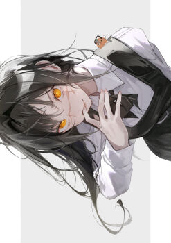 1girl absurdres biting_own_finger black_hair bow bowtie chainsaw chainsaw_man collared_shirt creature cross_scar e_name facial_scar fourth_east_high_school_uniform highres long_hair looking_at_viewer pochita_(chainsaw_man) pull_cord ringed_eyes scar scar_on_cheek scar_on_face scar_on_nose school_uniform shirt simple_background white_background yellow_eyes yoru_(chainsaw_man)