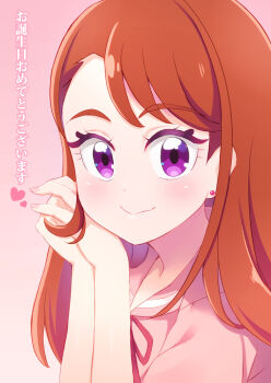 Rule 34 | 1girl, asymmetrical bangs, brown hair, closed mouth, earrings, hands in own hair, happy birthday, hijiri ageha, hirogaru sky! precure, jewelry, long hair, looking at viewer, mini koala, own hands together, pink background, pink shirt, portrait, precure, purple eyes, shirt, smile, solo, stud earrings, translated