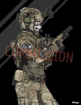 1girl absurdres american_flag ammunition_pouch artist_name bangdog belt black_gloves blonde_hair brown_gloves bulletproof_vest camouflage camouflage_shirt combat_helmet commission cowboy_shot dated dog_tags ear_protection escape_from_tarkov flashlight from_side glock gloves grey_eyes gun handgun helmet highres holding holding_weapon holster looking_at_object magazine_(weapon) mask medium_hair night_vision_device optical_sight original pouch shirt shirt_tucked_in skull_print solo suppressor tourniquet trigger_discipline two-tone_gloves unit_patch watermark weapon