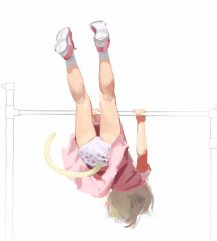 1girl absurdres animal_print ass bare_legs blonde_hair cat_tail clothing_cutout dress exercising female_focus from_behind full_body highres horizontal_bar kneepits legs_up loli medium_hair original panties pantyshot paw_print pink_dress pink_shoes print_panties rabbit_panties rabbit_print shoe_soles shoes short_dress short_sleeves simple_background sneakers socks solo sweetonedollar tail tail_hole tail_through_clothes underwear upside-down upskirt white_background white_panties white_socks