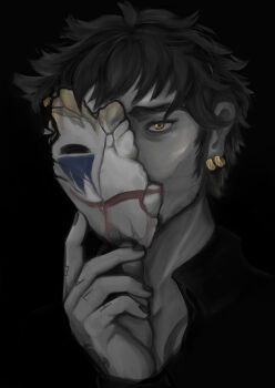 Rule 34 | 1boy, absurdres, black background, black hair, black nails, commentary, covered face, cracked mask, earrings, english commentary, facial hair, goatee, hand tattoo, highres, holding, holding mask, jewelry, looking at viewer, male focus, mask, multiple earrings, one piece, portrait, shishisart, short hair, tattoo, trafalgar law, yellow eyes