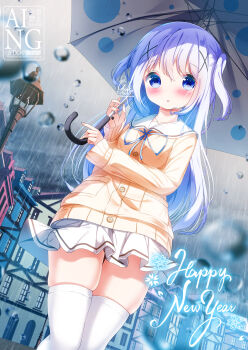 1girl :o blue_eyes blue_hair blue_ribbon blush brown_cardigan building cardigan child chinomaron cloud cloudy_sky commentary_request gochuumon_wa_usagi_desu_ka? hair_between_eyes hair_ornament happy_new_year highres holding holding_umbrella kafuu_chino lamppost long_hair long_sleeves looking_at_viewer neck_ribbon new_year outdoors parted_lips pleated_skirt puffy_long_sleeves puffy_sleeves rain ribbon sailor_collar school_uniform serafuku signature sitting_on_water skindentation skirt sky solo thighhighs two_side_up umbrella very_long_hair watermark white_sailor_collar white_skirt white_thighhighs window x_hair_ornament