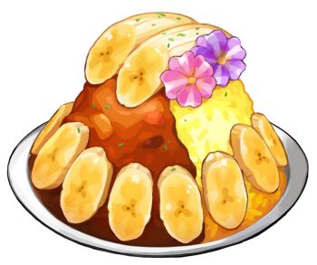 artist_request banana banana_slice curry curry_rice flower food food_focus fruit game_cg garnish nintendo no_humans official_art pink_flower plate pokemon pokemon_swsh purple_flower rice third-party_source transparent_background