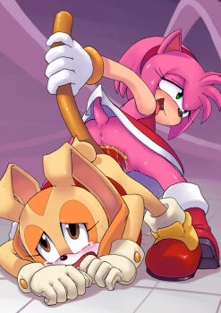 2girls age_difference aku_tojyo amy_rose anus ass blush bottomless clothed_sex cream_the_rabbit cum facing_viewer female_focus from_behind full_body furrowed_brow furry gloves large_insertion multiple_girls no_panties object_insertion open_mouth saliva sex_toy smile sonic_(series) sweat tareme tears top-down_bottom-up vaginal yuri