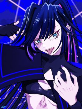 1girl absurdres ado_(utaite) bikini black_bikini black_gloves blue_eyes blue_hair breasts commentary fang finger_gun finger_gun_to_head fingerless_gloves gloves highres long_hair medium_breasts nail_polish naima_(ado) open_mouth ponytail purple_nails single_glove solo swimsuit teeth tomoyaku tongue tongue_out underboob upper_body upper_teeth_only usseewa