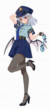 1girl alternate_costume arm_up bat_wings belt black_belt black_gloves black_pantyhose black_shoes blue_hair blue_hat blue_necktie blue_shirt blue_skirt blush closed_mouth collared_shirt cuffs fingerless_gloves full_body fuzzy_handcuffs gloves gotoh_(nekocat) handcuffs hat highres looking_at_viewer medium_hair necktie pantyhose pleated_skirt police police_hat police_uniform red_eyes red_nails remilia_scarlet sample_watermark shirt shoes signature simple_background skirt solo standing standing_on_one_leg touhou watermark white_background wings