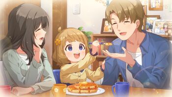 Rule 34 | 1boy, 2girls, aged down, blue eyes, blue jacket, brown hair, closed eyes, commentary request, cup, family, flower, food, fork, game cg, hair flower, hair ornament, holding, holding fork, idolmaster, idolmaster million live!, idolmaster million live! theater days, indoors, jacket, long hair, long sleeves, multiple girls, official art, open mouth, pancake, shirt, short hair, sitting, suou momoko, syrup, table, third-party source, yellow shirt