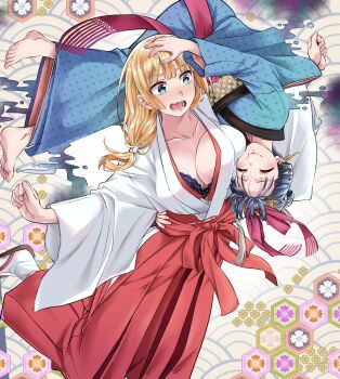 Rule 34 | 2girls, absurdres, barefoot, black bra, black hair, blue kimono, blush, bra, bra peek, breasts, cheek-to-breast, closed eyes, closed mouth, collarbone, commentary request, green eyes, hakama, hakama skirt, hand on another's head, hand on another's waist, highres, japanese clothes, kimono, kosode, lace, lace-trimmed bra, lace trim, large breasts, long hair, long sleeves, low-tied long hair, lower teeth only, miko, multiple girls, okiku-san wa ichatsukitai, okiku (yunochiri04), open mouth, polka dot, polka dot kimono, red hakama, ryouyou hijiri, seigaiha, skirt, teeth, underwear, unmoving pattern, upside-down, yuinochiri04