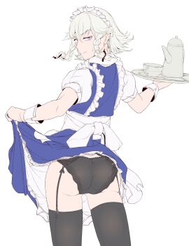 1girl apron ass black_panties black_thighhighs blue_dress bow braid clothes_lift cup dress frilled_apron frilled_skirt frills garter_belt hair_bow hi_you_(flying_bear) highres izayoi_sakuya lace lace-trimmed_panties lace_trim lifting_own_clothes looking_at_viewer maid maid_apron maid_headdress medium_hair panties puffy_short_sleeves puffy_sleeves purple_eyes short_hair short_sleeves silver_hair skirt skirt_hold skirt_lift smile solo tea_set teacup teapot thighhighs touhou tray twin_braids underwear