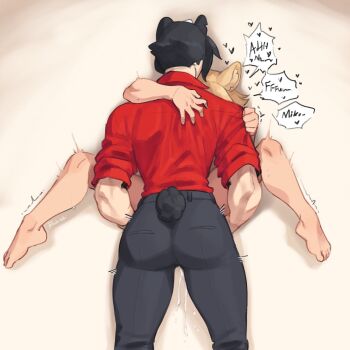 1boy 1girl animal_ears ass barefoot black_hair cat_ears check_copyright collared_shirt commentary copyright_request cum dark-skinned_female dark_skin from_behind gender_request heart hetero highres original rabbit_ears rabbit_tail red_shirt rob_ishi sex shirt short_hair short_sleeves speech_bubble standing symbol-only_commentary tail trembling