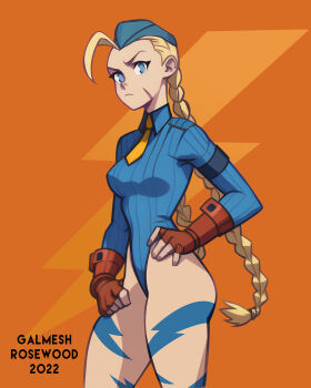 1girl artist_name bad_artstation_id bad_id blonde_hair blue_eyes bodypaint braid breasts cammy_white cowboy_shot dated fingerless_gloves flat_color frown galmesh_rosewood garrison_cap gloves hand_on_own_hip hat highleg highleg_leotard highres leotard lightning_bolt_symbol long_hair looking_at_viewer medium_breasts necktie no_pupils orange_background red_gloves ribbed_leotard scar scar_on_face short_necktie simple_background sleeved_leotard solo street_fighter twin_braids very_long_hair