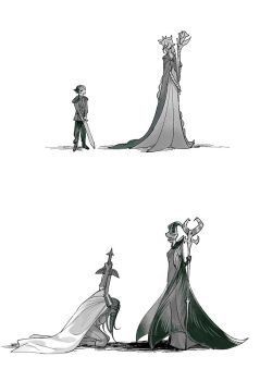 1boy 2girls absurdly_long_hair age_progression aged_down black_hair braid cape chinese_commentary cookie_run cookie_run:_kingdom dark_choco_cookie dark_enchantress_cookie full_body greyscale holding holding_staff holding_sword holding_weapon horns long_hair looking_at_another monochrome multiple_girls saiko67 shawl short_hair simple_background staff sword very_long_hair weapon white_background white_lily_cookie