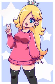 1girl araceri black_bra black_thighhighs blonde_hair blue_background blue_eyes blush bra bra_strap breasts crown earrings hair_over_one_eye jewelry long_hair long_sleeves looking_at_viewer mario_(series) medium_breasts nintendo open_mouth oversized_clothes oversized_sweater pink_sweater princess rosalina smile standing star_(symbol) star_earrings star_symbol_background super_mario_galaxy sweater thighhighs underwear v
