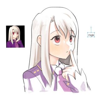 1girl closed_mouth ddong_pong fate/stay_night fate_(series) game_screenshot_inset illyasviel_von_einzbern index_finger_raised long_sleeves portrait red_eyes reference_inset screenshot_inset sidelocks solo white_hair wing_collar