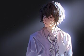 Rule 34 | 1boy, bandage over one eye, bandaged chest, bandaged neck, bandages, black hair, bungou stray dogs, collared shirt, dazai osamu (bungou stray dogs), gauze, gauze on cheek, hair between eyes, highres, looking to the side, male focus, parted lips, pigon, shirt, short hair, solo, teeth, upper body, white shirt