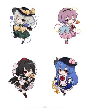 4girls ;d apron black_hair black_hairband black_hat black_skirt black_socks blue_hair blue_shirt blue_skirt bow bowtie camera chibi chibi_only collared_shirt commentary_request floral_print frilled_shirt_collar frills full_body geta green_eyes green_hair green_skirt hair_between_eyes hair_ornament hairband hand_fan hat hat_bow hat_ribbon hauchiwa heart heart_hair_ornament hinanawi_tenshi holding holding_camera holding_fan holding_sword holding_weapon kani_nyan komeiji_koishi komeiji_satori long_hair long_sleeves looking_at_viewer multiple_girls one_eye_closed open_mouth pink_eyes pink_hair pink_skirt pink_slippers pom_pom_(clothes) puffy_short_sleeves puffy_sleeves red_bow red_bowtie red_eyes red_hat ribbon ribbon-trimmed_skirt ribbon_trim rose_print shameimaru_aya shirt short_sleeves simple_background skirt slippers smile socks standing standing_on_one_leg sword sword_of_hisou tengu-geta third_eye tokin_hat touhou very_long_hair waist_apron weapon white_apron white_background white_shirt white_socks wide_sleeves yellow_bow yellow_ribbon