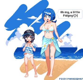 1boy 1girl age_difference ara_ara barefoot baseball_cap beach bikini black_hair blue_eyes blue_hair blush breasts bulge cloud cloudy_sky day elio_(pokemon) english_text erection erection_under_clothes excited grey_eyes hat head_ornament hetero lana's_mother_(pokemon) large_breasts looking_at_another looking_back looking_down male_underwear mature_female mother_and_child nervous nintendo no_pants ocean onee-shota outdoors paradigma7 parent_and_child pixel_art pokemon pokemon_usum sand shirt shota signature sky striped_clothes striped_shirt swimsuit underwear white_bikini
