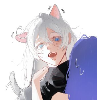 Rule 34 | 2girls, absurdres, animal ears, benghuai xueyuan, black shirt, blue eyes, blue hair, cat ears, cat girl, cat tail, commentary, english commentary, highres, honkai (series), jyahnar (benghuai xueyuan), kiana kaslana, multiple girls, open mouth, queen yuri.mj, shirt, tail, turtleneck, turtleneck shirt, white hair