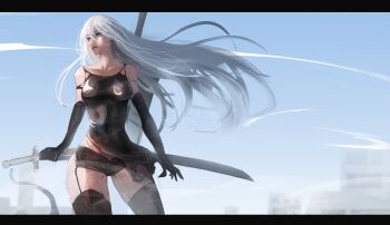 1girl a2_(nier:automata) absurdres android black_panties blue_eyes blue_sky breasts collarbone commentary floating_hair grey_hair highres holding holding_sword holding_weapon large_breasts long_hair mole mole_under_mouth nier:automata nier_(series) outdoors panties shiszukaa sky solo standing sword sword_on_back sword_tassel tassel underwear weapon weapon_on_back wide_hips
